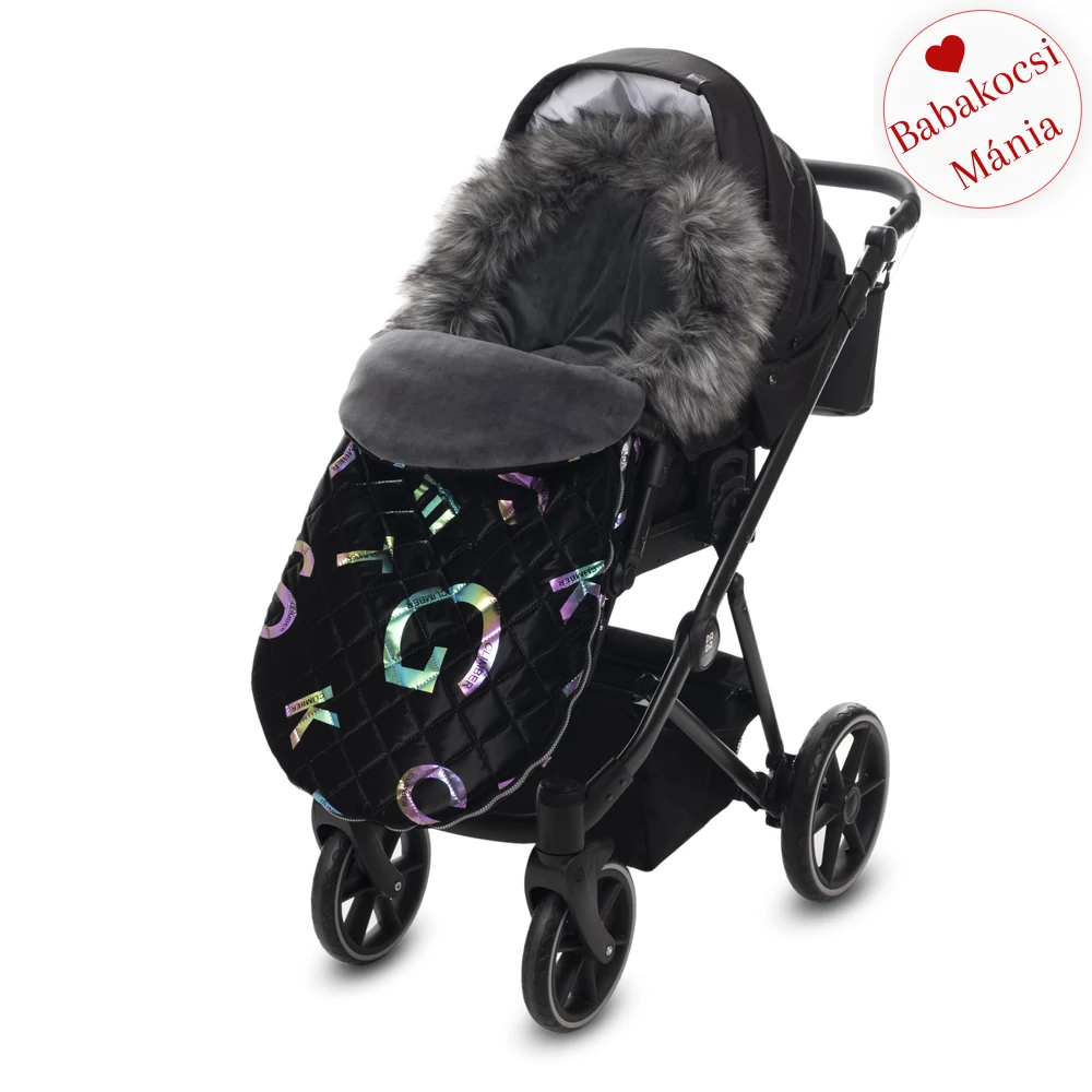 Bundazsák babakocsiba - Berry Baby Fluffy - fekete színes fényes betűkkel