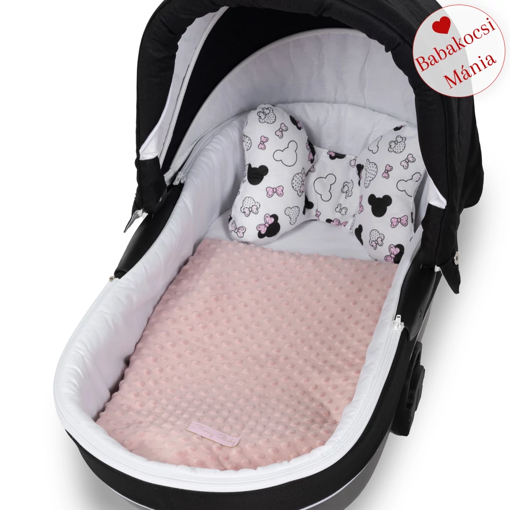 Takaró babakocsiba - fejpozícionáló párnával - Púder minky - Rózsaszín Minnie