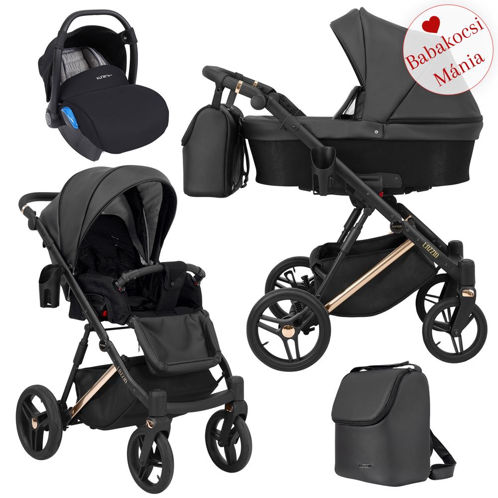 Multifunkciós babakocsi Kunert Lazzio Premium 3in1 - KENT hordozóval - 11 fekete eco bőr