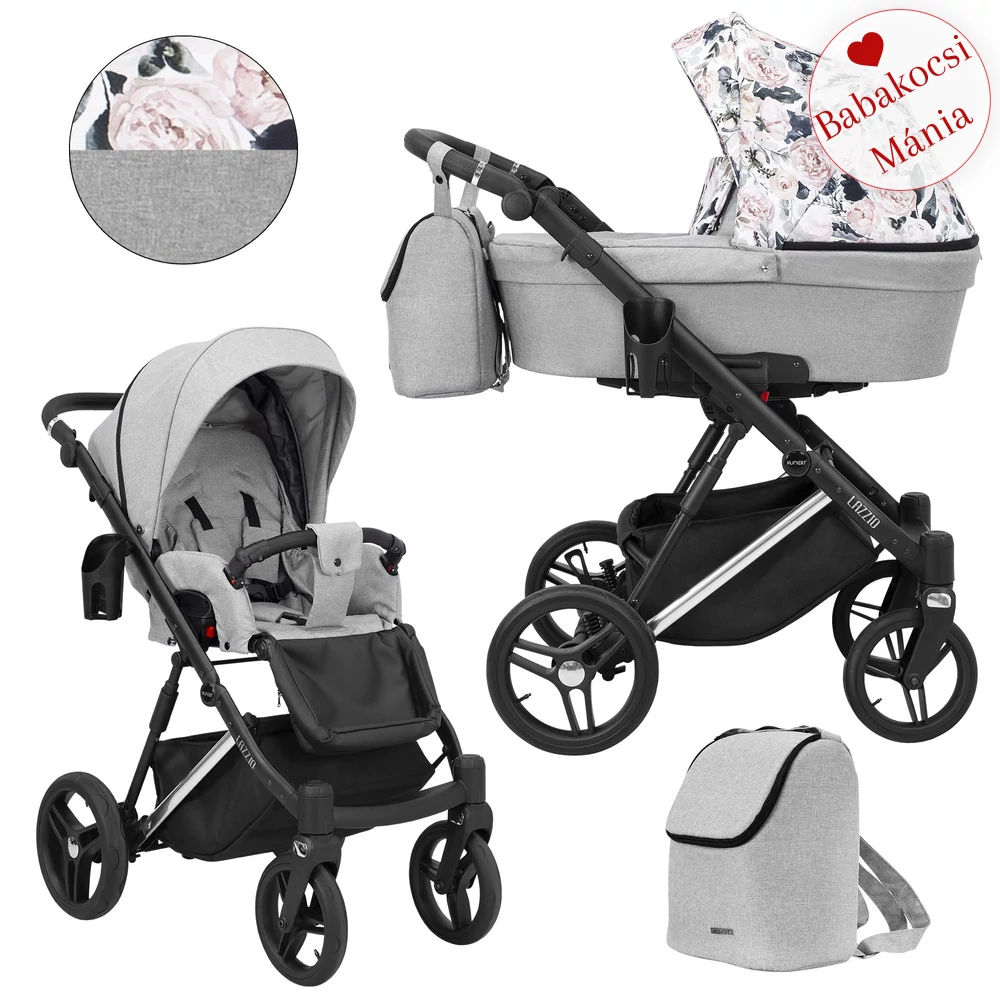 Többfunkciós babakocsi Kunert Lazzio Premium 2in1 - Silver 04 szürke virágos