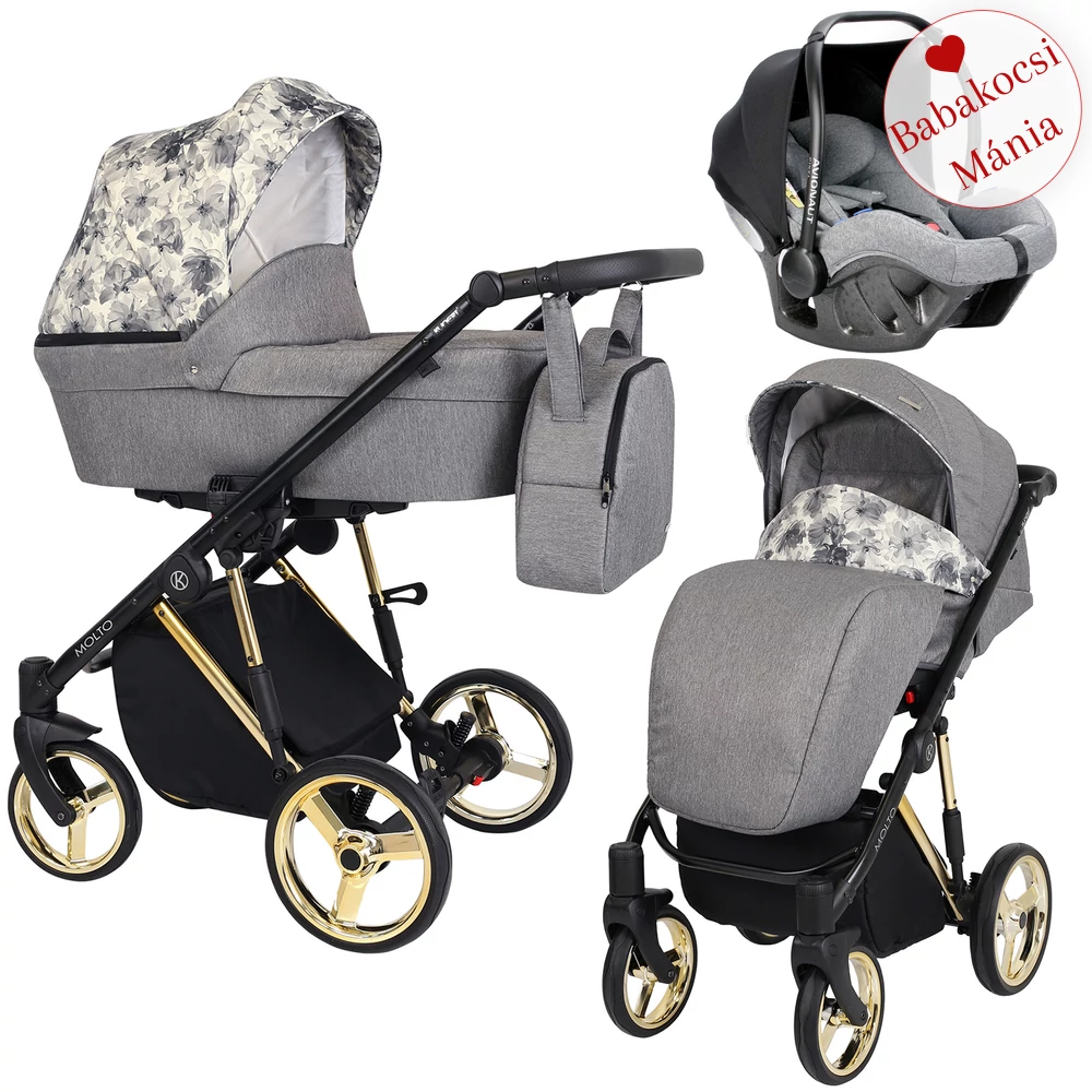 PIXEL BABAHORDOZÓVAL - Kunert Molto Premium 3in1 babakocsi - arany vázzal - grafit virágos
