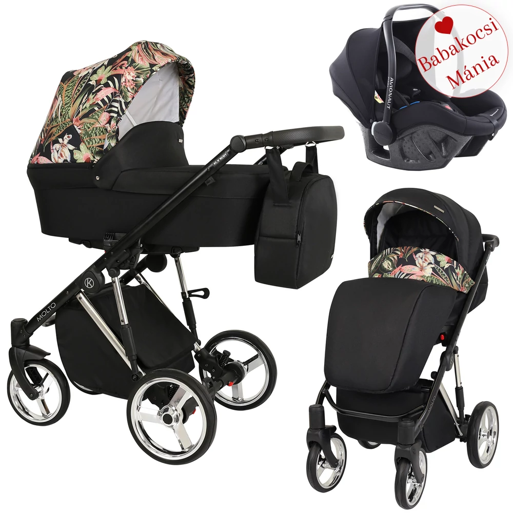 PIXEL BABAHORDOZÓVAL - Kunert Molto Premium 3in1 babakocsi - ezüst vázzal - fekete virágos