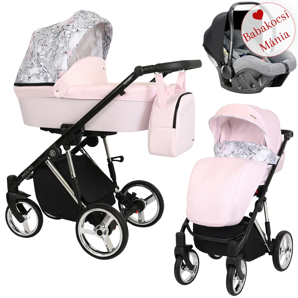 PIXEL BABAHORDOZÓVAL - Kunert Molto Premium 3in1 babakocsi - ezüst vázzal - rózsaszín virágos