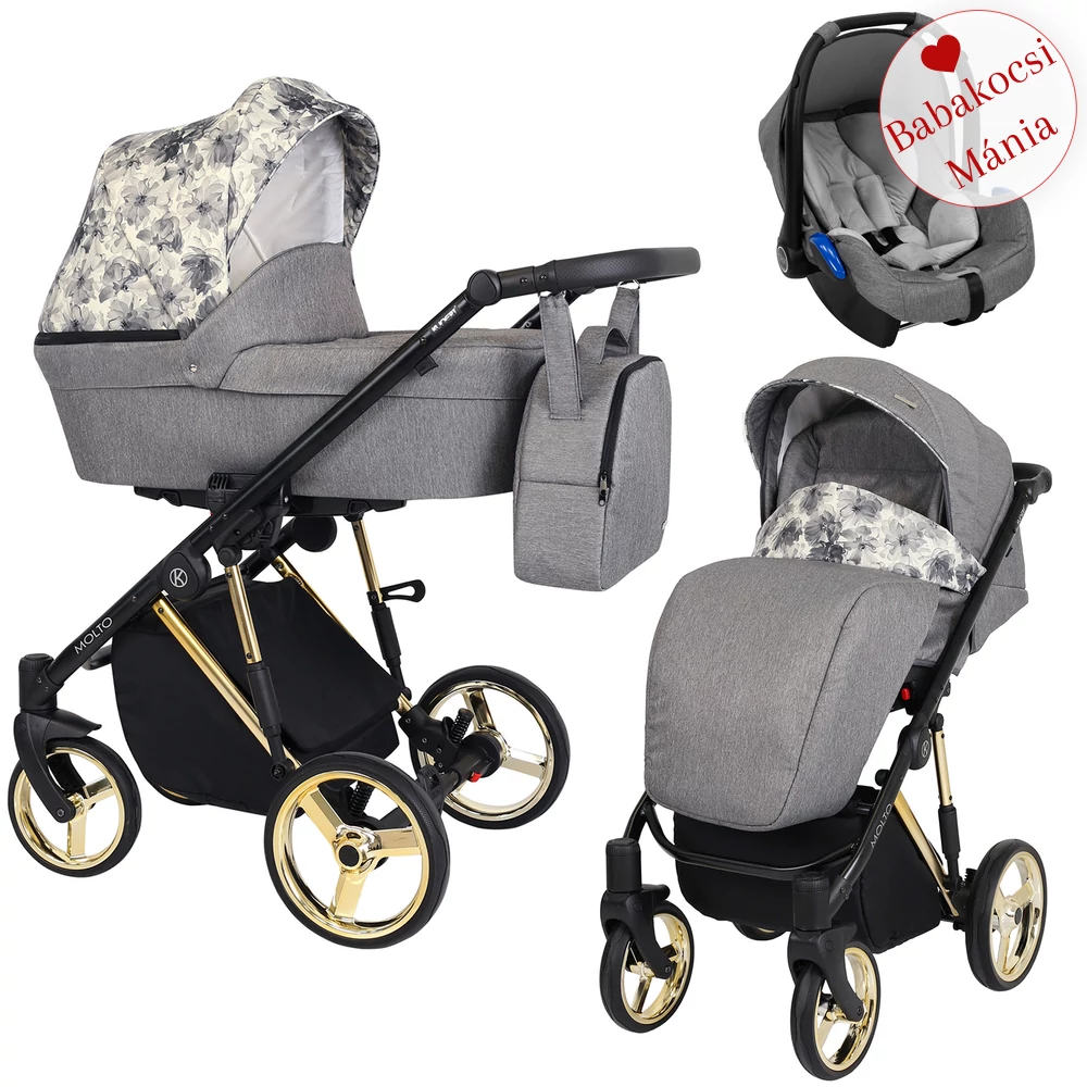 TRIX BABAHORDOZÓVAL - Kunert Molto Premium 3in1 babakocsi - arany vázzal - grafit virágos