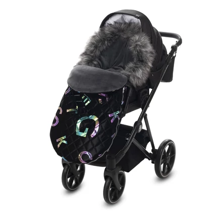 Bundazsák babakocsiba - Berry Baby Fluffy - fekete színes fényes betűkkel